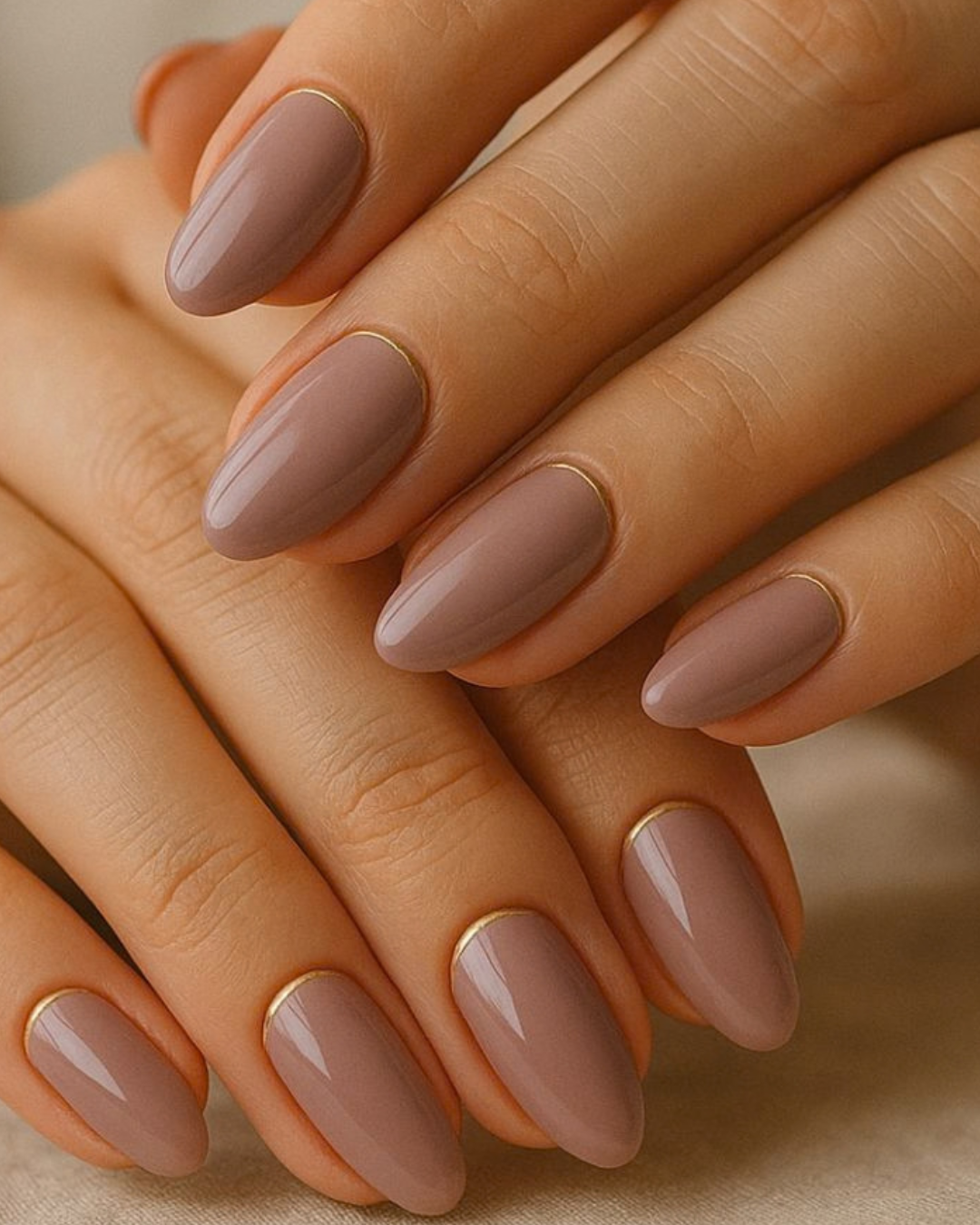 Close-up of hands with nude-colored press on nails on a neutral background